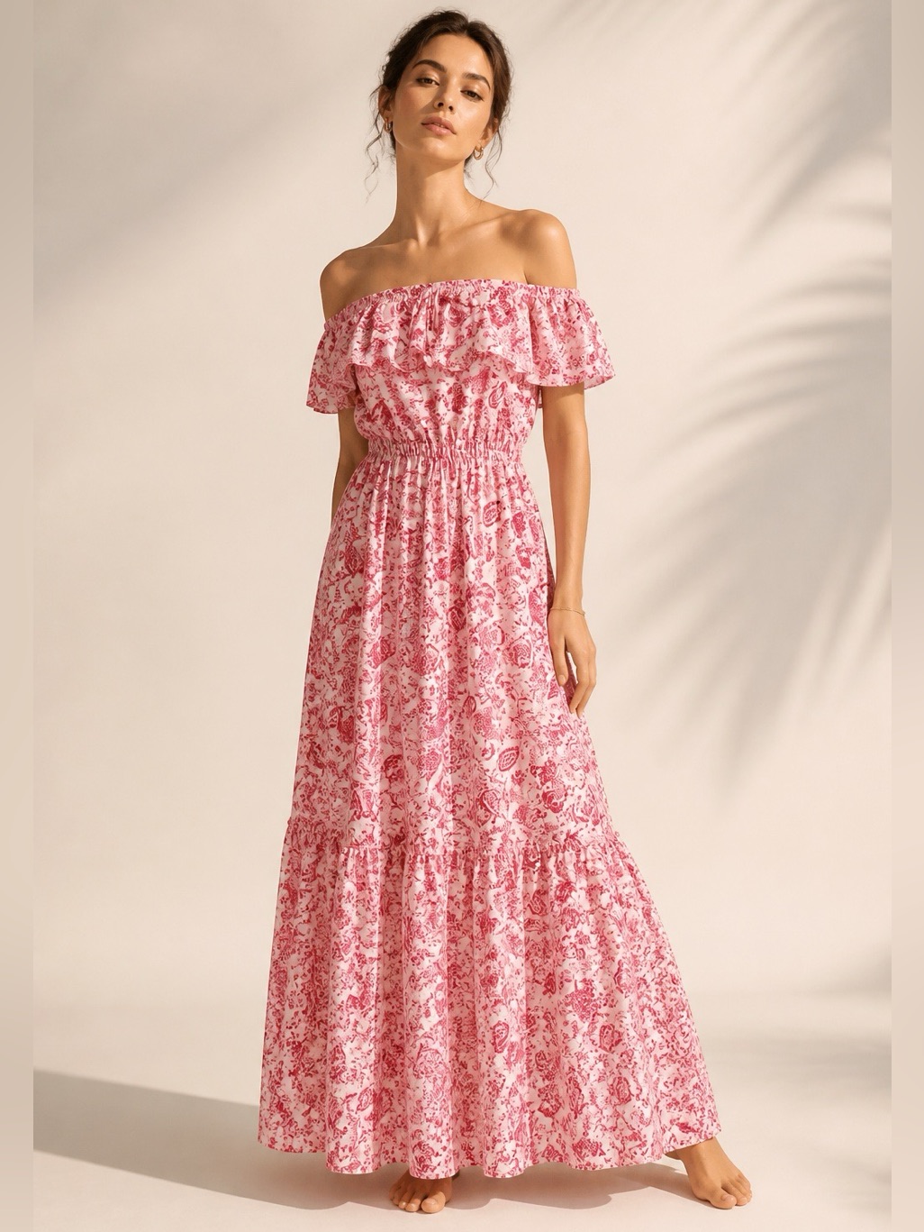 Juicy Couture Light Redpaisley Off-Shoulder Maxi Dress